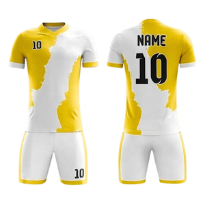 Conjunto de Camiseta de Fútbol para Hombre, Color Blanco y Amarillo con Bloques de Color, Cuello en V, Manga Corta, Nombre y Número Personalizados 10, Uniforme Transpirable de Poliéster - Product Image 1