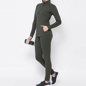 Ensemble de survêtement sportif pour femme vert olive, fermeture éclair intégrale, manches longues, 2 pièces avec poches latérales, coupe classique, pour l'automne - Product Image 2