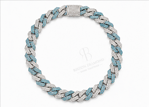 Luxury Cuban link <b>chain</b> necklace in 18K white gold <b>iced</b> <b>out</b> with lab grown diamonds and vibrant blue accents bold hip hop design - Product Image 3