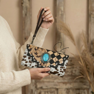 Cartera de mano de cuero vacuno con patrón a cuadros estilo western para mujer, cartera tipo clutch con concho turquesa, tarjetero para damas - Product Image 2