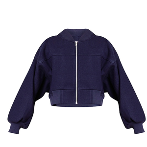 Chaqueta Bomber Corta Azul Marino con Mangas Fruncidas, Unisex, Casual, con Cierre, de Lana Sintética, Cuello en V, Puños y Dobladillo Impermeables - Product Image 1