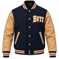 Veste universitaire pour homme en laine marine avec manches en cuir marron, logo brodé, vêtement d'automne