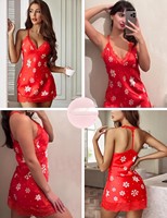 Chemise de nuit courte en satin pour femme, imprimé flocons de neige rouges, col licou, sans manches, taille élastique, respirante, pour l'été