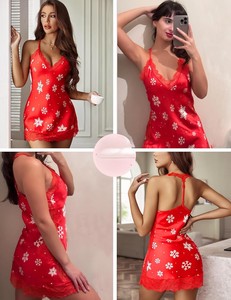 Women Red Snowflake Print <b>Lace</b> Trim Halter Neck Sleeveless Satin <b>Elastic</b> Waist Nightgown Short Sleepwear Winter Style - Product Image 3