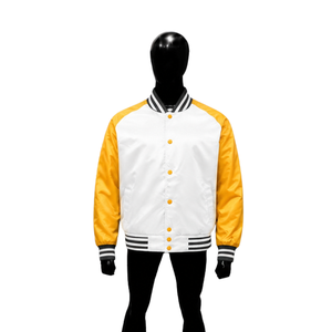 Blouson universitaire en satin blanc et jaune, vente en gros, blouson bomber de baseball brillant de qualité supérieure avec manches contrastées et col côtelé rayé - Product Image 1