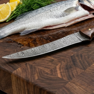 Handmade Fillet <b>knife</b> in Damascus <b>bone</b> <b>handle</b> with leather sheath - Product Image 3