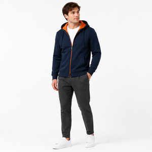 Men's Winter Navy Blue Hooded Zip-Up Sweatshirt Digital Printing <b>Orange</b> Lining Regular Fit Casual Polyester Cotton <b>Fleece</b> Fabric - Product Image 2
