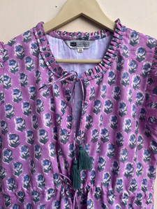 Vestido Mini de Algodón Indio Estampado a Mano para Mujer, 100% Algodón, Cuello Halter, Manga Corta, Bordado Floral, Borlas, Vestido Largo - Product Image 3