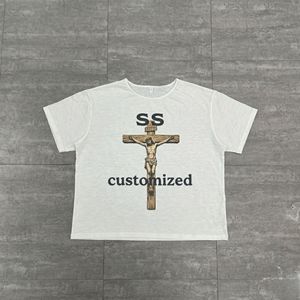 O-Neck Custom Clothing Manufacturers 100% Cotton DTG Print Tee Oversized Boxy Men's T-shirts Raw Cut Cuff Slub Fabric T Shirt - Product Image 3