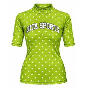 Lime Green Polka Dot Women <b>Mock</b> <b>Neck</b> Short Sleeve T Shirt Slim Fit Stretch Printed Casual <b>Top</b> Fashion Summer Wear Wholesale - Product Image 1