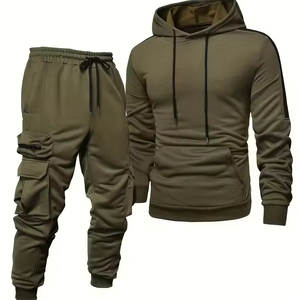 Men's Casual Sports Suit Terry Knitted Fabric 100% Cotton Quick Dry 300g Multi Pocket Fashionable Hooded Two-Piece Set Silk - Product Image 1
