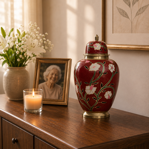 Urna Funeraria de Latón con Diseño Floral Rojo para Cenizas Humanas, Esmaltada a Mano, Recuerdo Conmemorativo para Adultos, Vaso Funerario con Diseño Elegante - Product Image 2