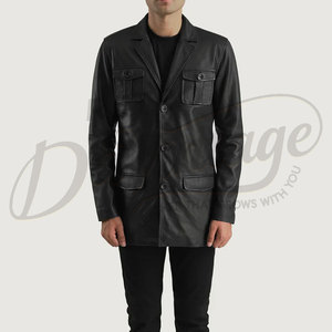 พรีเมี่ยม เสื้อแจ็คเก็ตหนังสีดำสำหรับผู้ชาย ทรงสลิมฟิต หนังแกะแท้ มีกระเป๋าหลายช่อง เสื้อโค้ทลำลองสำหรับธุรกิจ เสื้อคลุมด้านนอกสุดหรู - Product Image 3