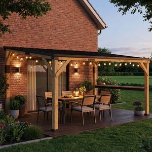 Pérgola de Madera Natural de 10 x 14 con Techo Inclinado de Acero Galvanizado, Estante de Barra y Elegante Toldo de Madera - Product Image 2