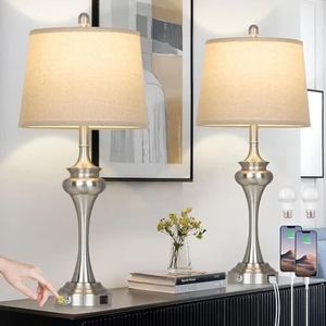 Ensemble de 2 lampes de table au design moderne en nickel brossé, base en métal de luxe, ports de charge USB, abat-jour en tissu lin, élégant pour table de chevet. - Product Image 1