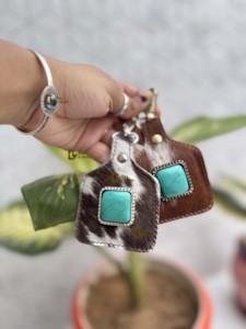 Custom Designer Hair on Hide Cowhide Leather Key <b>rings</b> Real Leather Turquoise Stone Western Stylish Key Chain Hot Sale Mini - Product Image 1