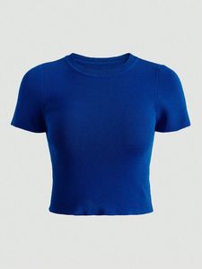 Haut court tricoté bleu clair respirant en Spandex/Coton pour femme, col rond, manches courtes, décontracté, été, froncé à l'avant - Product Image 2