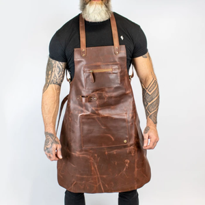 Tablier en cuir marron avec bretelles réglables et plusieurs poches pour chef cuisinier, barista, etc. - Product Image 6