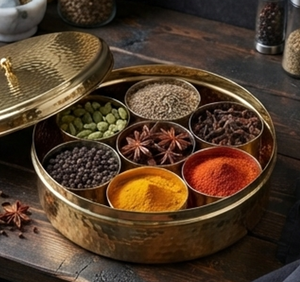 Ensemble artisanal de pots à épices ronds en métal avec finition dorée martelée et couvercle pour la cuisine - Product Image 3