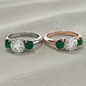 Anillo de Compromiso con Tres Piedras de Diamante Cultivado en Laboratorio Stonewels, con Piedras Laterales de Esmeralda, en Oro, Certificado, de Lujo, para Novia - Product Image 4