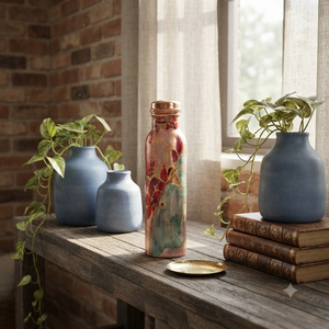 Botella de Agua de Cobre Hecha a Mano, Diseño Floral Artístico Rojo y Azul, Recipiente Metálico Reutilizable para Bebidas, Artesanía India al por Mayor, Regalo de Cocina, Exportación - Product Image 5