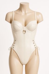 Body de una pieza de piel sintética rosa con soporte de aros y cordones laterales para mujer - Product Image 3