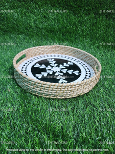 Plateau de service rond en rotin incrusté de nacre fait à la main de luxe Cadeau abordable pour l'Aïd, le Ramadan et l'élégance de tous les jours - Product Image 2