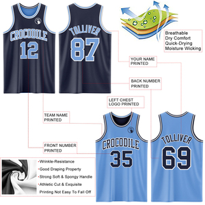 Ensemble d'uniformes de basketball 100 % polyester réversible, maillot sublimé en mesh professionnel, short bleu nuit anti-humidité à séchage rapide - Product Image 2