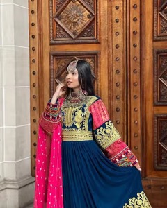 Elegant Afghan Kuchi <b>Dress</b> Women Embroidered <b>Velvet</b> <b>Maxi</b> A-Line Gown Boat Neck Full <b>Sleeve</b> Handmade Contrast Color Evening - Product Image 4