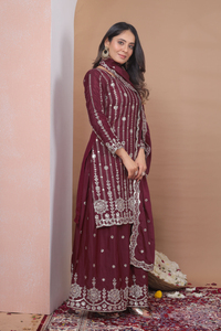Glamorous <b>Sequin</b> Embroidery Crepe <b>Flared</b> Plazo Set With Dupatta Indian Festive Wear Three Piece Salwar Suit For Women - Product Image 3