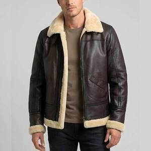 Men's Brown Canvas <b>Leather</b> Waterproof Windproof Slim Fit Zip Front Motorcycle Style Biker Coat Criss-cross Decoration Sheep Fur - Product Image 3