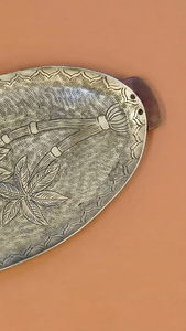 Modern Antique Oval Serving Tray With Palm <b>Tree</b> Engraving & Wooden Handle <b>Decorative</b> Metal Platter For Tropical Home <b>Decor</b> Hotel - Product Image 2