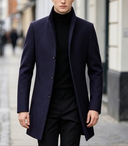 <b>Men's</b> Single Breasted Wool/Polyester Trench <b>Overcoat</b> Notched Lapel Long Regular Fit <b>Black</b> Reversible Anti-Wrinkle Eco-Friendly - Product Image 1