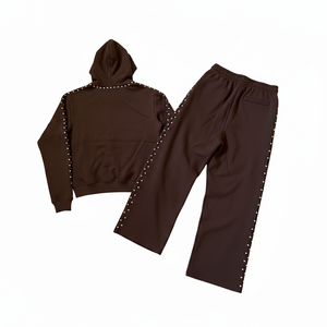 Ensemble de survêtement unisexe d'hiver respirant marron à capuche, couleur unie avec détails en strass, fermeture éclair intégrale, style streetwear décontracté - Product Image 2