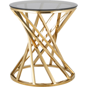 Mesa Auxiliar Redonda de Vidrio Templado de Lujo con Base Geométrica de Metal Dorado en Espiral, Mesa de Centro Moderna para Dormitorio - Product Image 4