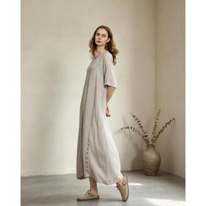 Elegant Khaki Plain Cotton Linen Maxi <b>Dress</b> With O-Neck <b>Loose</b> Fit Short Sleeve Summer Casual Midi <b>Dress</b> For Women - Product Image 3