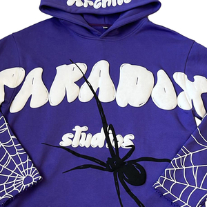 Sweat-shirt à capuche Paradox Studios violet surdimensionné, style streetwear, imprimé toile d'araignée, unisexe, en coton tricoté - Product Image 2