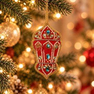 Ornements de Noël en tissu rouge brodés à la main avec des motifs personnalisés, taille standard, fabriqués par Stonecraft International Factory - Product Image 2