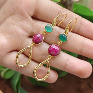 Women's <b>Earrings</b> Green Onyx and Dyed Ruby Geometric Drop <b>Earring</b> Brass 18k Gold Plated Bohemia Style Wholesale Fashion Jewelry - Product Image 3
