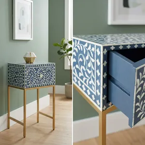 Decorative Modern Handmade <b>Wooden</b> <b>Coffee</b> <b>Table</b> with Blue White Floral Inlay and Gold Metal <b>Legs</b> Single Drawer - Product Image 6