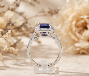 Pragalbh Jewels Wholesale 925 <b>Silver</b> <b>Emerald</b> Cut Blue Stone Halo <b>Ring</b> with Moissanite Accent Stones Luxury Fine Jewelry - Product Image 3