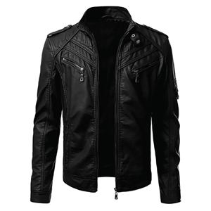 Veste de moto en cuir PU pour homme, col montant, fermeture éclair, couleur unie, coupe ajustée, longueur normale, hiver, séchage rapide, respirante - Product Image 3