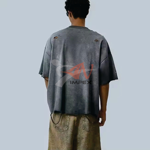 Custom logo Acid Washed 100%Cotton T-shirt Ripped Hole Distressed Metal <b>Ring</b> Accent Design Neck Baggy t Shirt for Men - Product Image 2