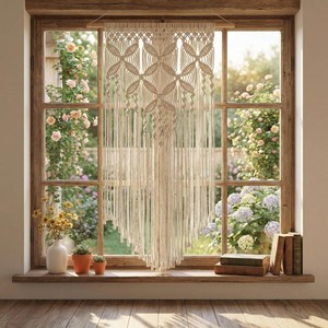 JNC Macramé mural fait main, style bohème, en coton, motif abstrait géométrique, thème nature, œuvre d'art décorative irrégulière - Product Image 3