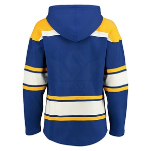 Custom <b>Men's</b> Winter Hooded Ice Hockey Jersey 100% Cotton Blue Yellow White Striped Heat-Transfer Printed Embroidered Team Logo - Product Image 4