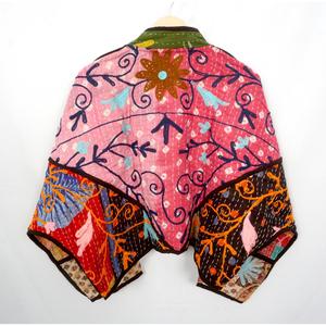 Quilted V-Neck Style <b>Kantha</b> Hand Block Print Indian Women & Clothing Coat V Neck Stripe Piping Partywear <b>Jacket</b> Gift For Her - Product Image 6