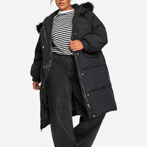 Women's Long <b>Quilted</b> Parka Jacket With Fur Hood Zipper Closure Thick Winter Coat Solid Black Full Sleeve Polyester <b>Wadding</b> - Product Image 3