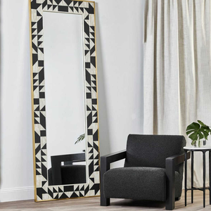 Marco de Espejo con Incrustaciones de Hueso y Resina, Estilo Americano, para Montar en el Suelo |   Espejo Decorativo para el Hogar con Diseño Geométrico en Blanco y Negro Hecho a Mano - Product Image 3