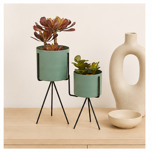 Ensemble de 2 supports à plantes modernes en métal avec pots de fleurs sur piédestal, luxueux, revêtement poudré vert, pour plantes succulentes d'intérieur - Product Image 5