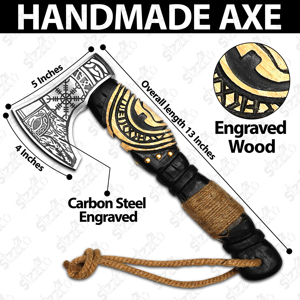 Hand Forged Viking Bearded <b>Axe</b> Carbon Steel Vegvisir Engraved Hatchet Ash Wood <b>Handle</b> with Leather Sheath OEM Ideal Gift for him - Product Image 3